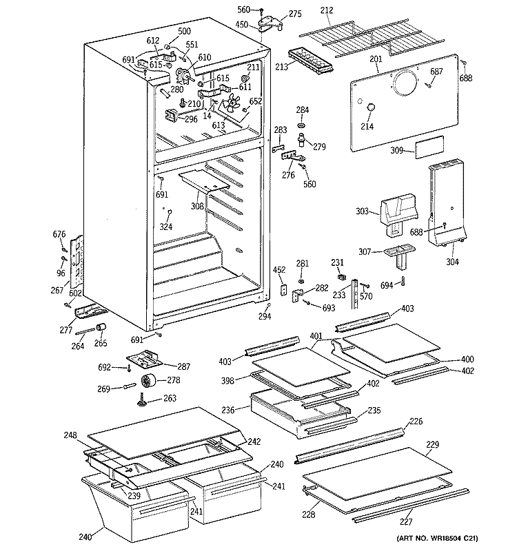 CABINET Diagram and Parts List for GTT18HBMFRWW  General Electric Refrigerator