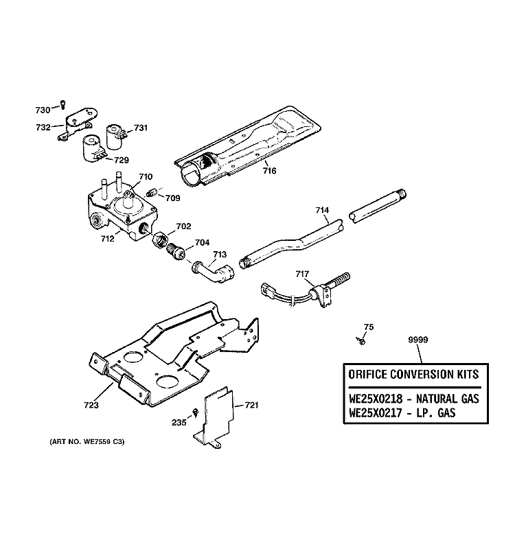 GAS VALVE & BURNER ASSEMBLY Diagram and Parts List for DNCK440GA0WC  General Electric Dryer