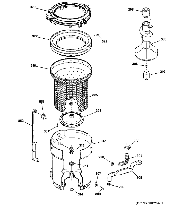 TUB, BASKET & AGITATOR Diagram and Parts List for EWA3000B1WW  General Electric Washer