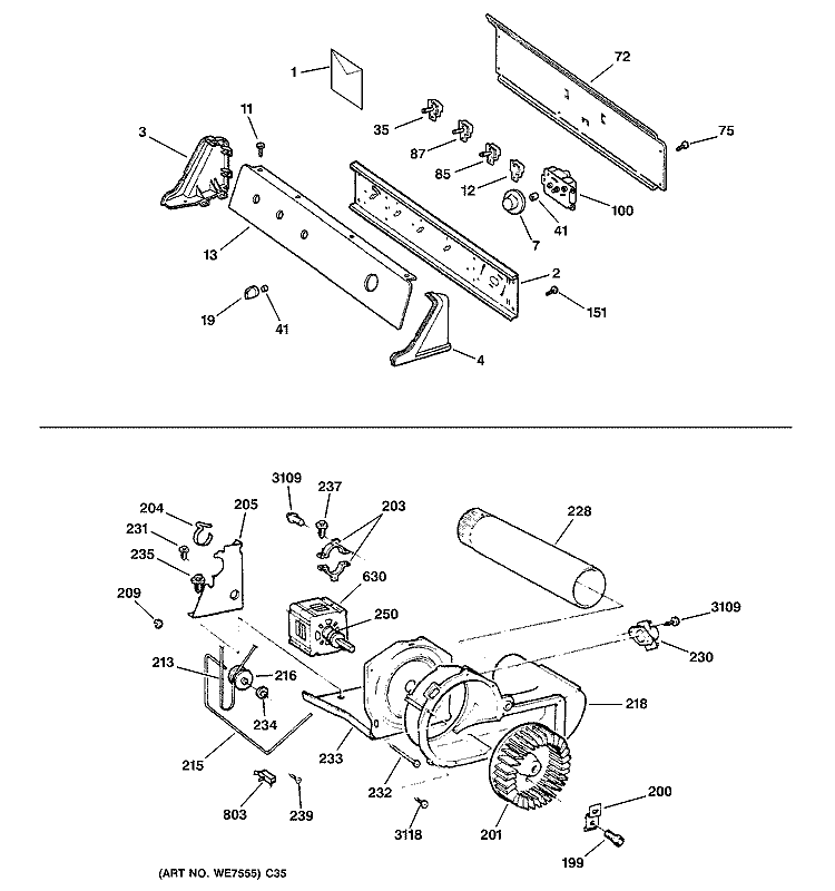 BACKSPLASH, BLOWER & MOTOR ASSEMBLY Diagram and Parts List for DPXR483GA2WW  General Electric Dryer