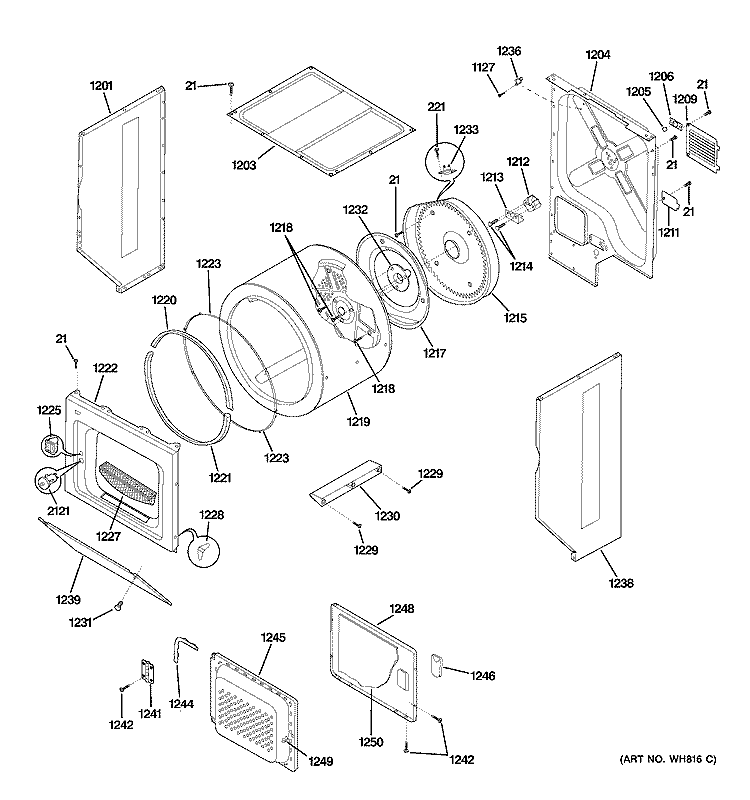 DRYER UPPER CABINET, DRUM & HEATER Diagram and Parts List for WSM2700WCWWW  General Electric Washer Dryer Combo