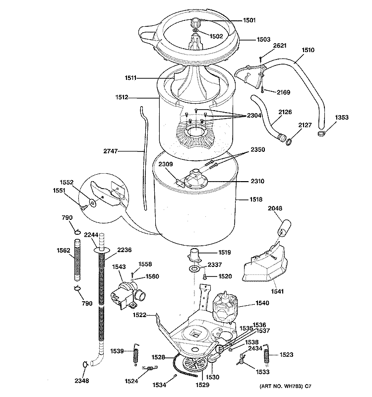 WASHER TUB, HOSES & MOTOR Diagram and Parts List for WSM2700WCWWW  General Electric Washer Dryer Combo
