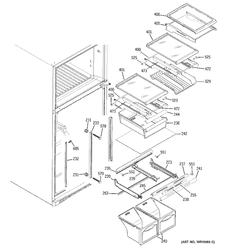 FRESH FOOD SHELVES Diagram and Parts List for ETS19XBPARWW  General Electric Refrigerator