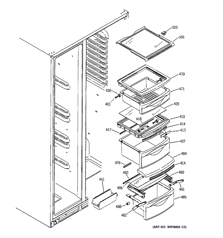 FRESH FOOD SHELVES Diagram and Parts List for GSS25PSMFBS  General Electric Refrigerator