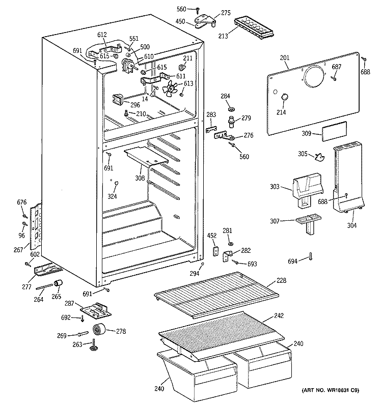 CABINET Diagram and Parts List for GTS18ABMFLWW  General Electric Refrigerator