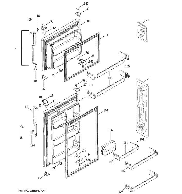 DOORS Diagram and Parts List for GTS18JBPARCC  General Electric Refrigerator