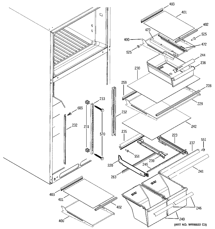 FRESH FOOD SHELVES Diagram and Parts List for GTS18JBPARCC  General Electric Refrigerator