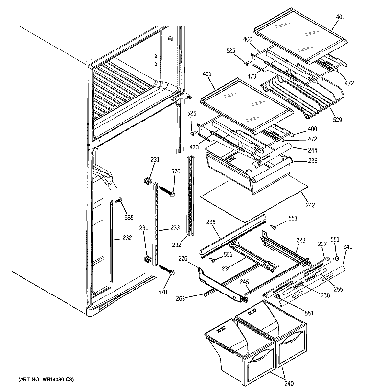 FRESH FOOD SHELVES Diagram and Parts List for GTS18UBPARCC  General Electric Refrigerator