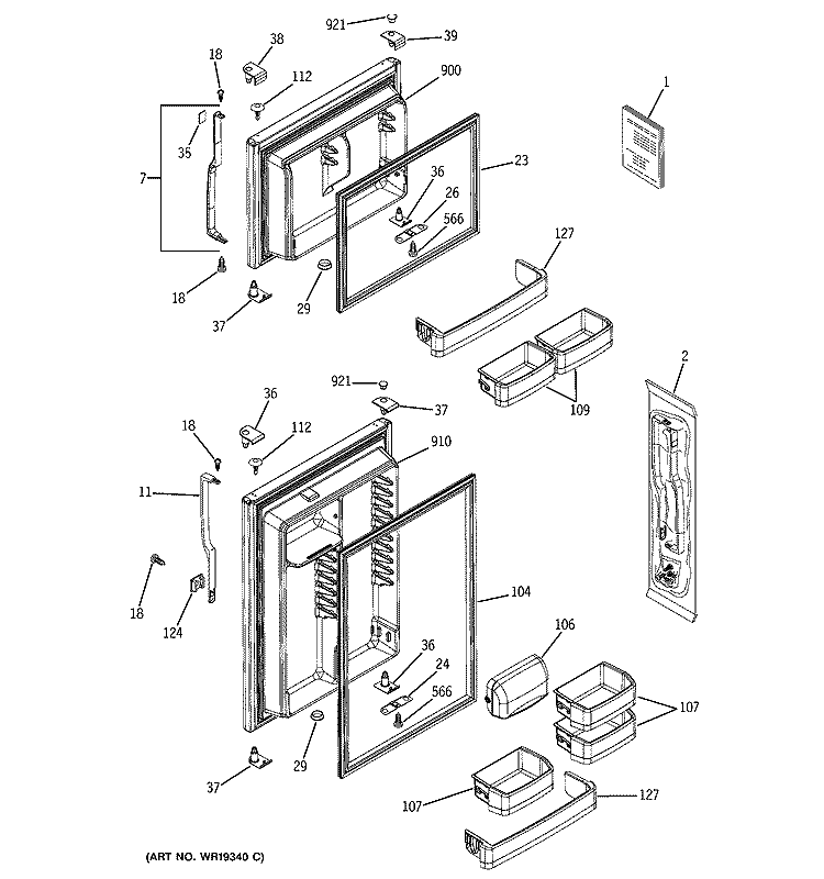 DOORS Diagram and Parts List for GTS19QBPARBB  General Electric Refrigerator