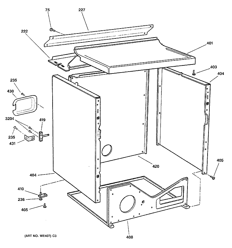 CABINET Diagram and Parts List for DWSR405EB1CC  General Electric Dryer