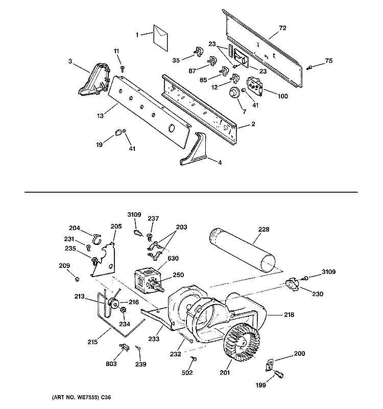 BACKSPLASH, BLOWER & MOTOR ASSEMBLY Diagram and Parts List for DWSR485EA2WW  General Electric Dryer
