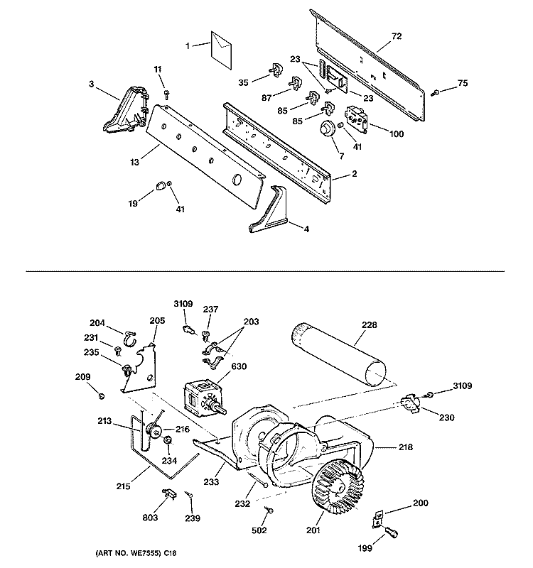 BACKSPLASH, BLOWER & MOTOR ASSEMBLY Diagram and Parts List for DWXR485EB1WW  General Electric Dryer