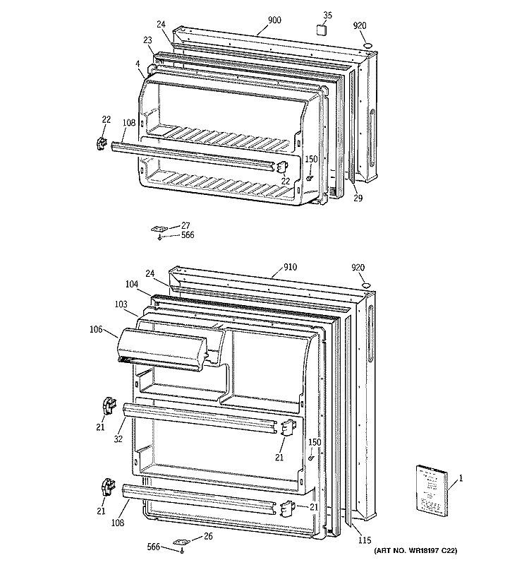 DOORS Diagram and Parts List for GTR18BBMDRAA  General Electric Refrigerator