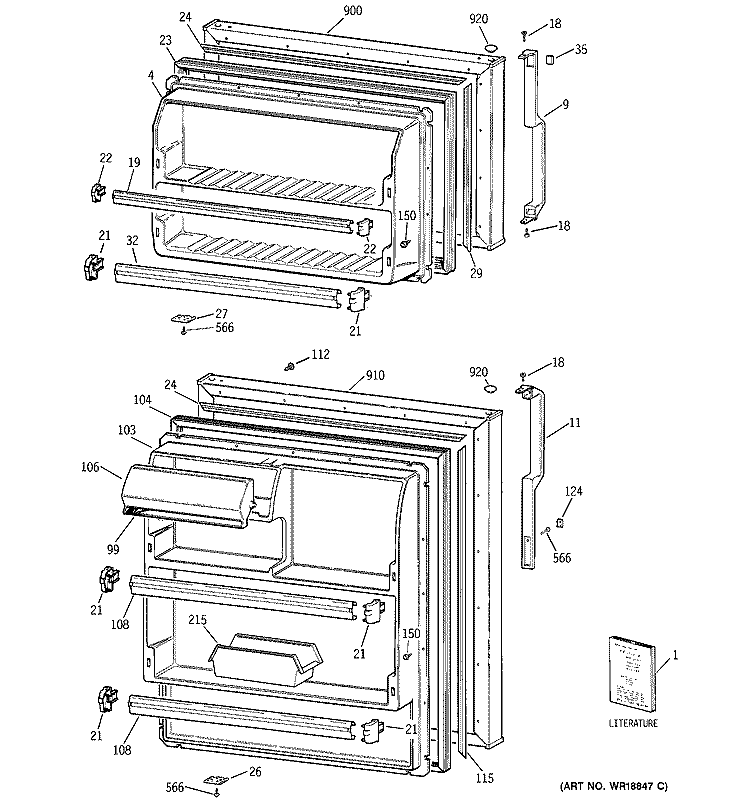 DOORS Diagram and Parts List for GTT15HBMBRCC  General Electric Refrigerator