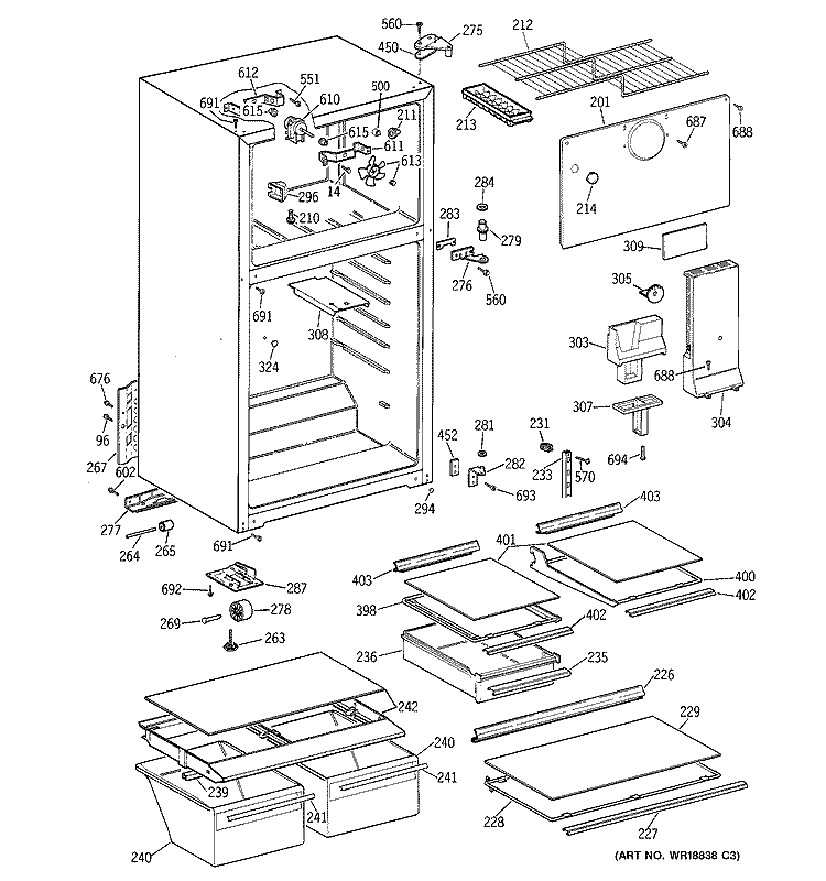 CABINET Diagram and Parts List for GTT15HBMBRCC  General Electric Refrigerator