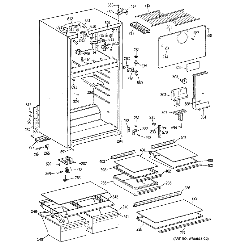 CABINET Diagram and Parts List for GTT15HBMFRWW  General Electric Refrigerator