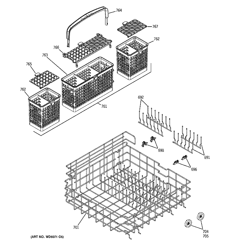 LOWER RACK ASSEMBLY Diagram and Parts List for PDW7800J00CC  General Electric Dishwasher