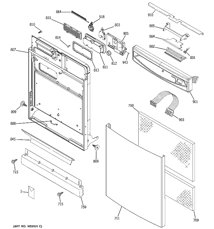 ESCUTCHEON & DOOR ASSEMBLY Diagram and Parts List for PDW7880J00SS  General Electric Dishwasher