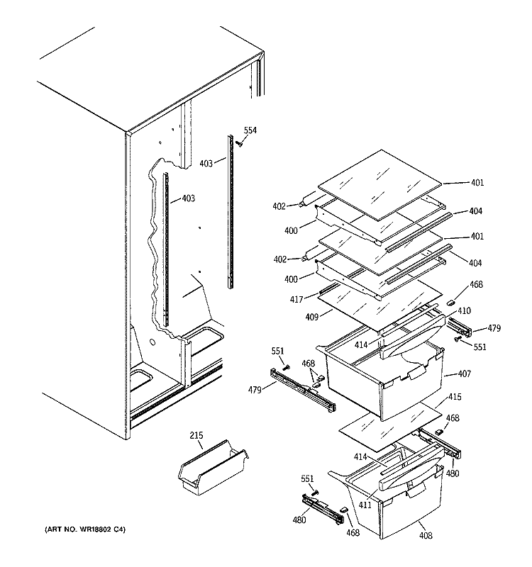 FRESH FOOD SHELVES Diagram and Parts List for RSG22IBMBFWW  General Electric Refrigerator