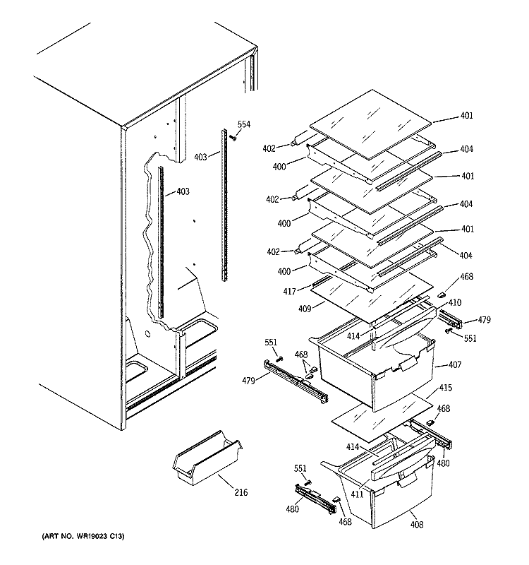 FRESH FOOD SHELVES Diagram and Parts List for RSG20IDPAFWW  General Electric Refrigerator