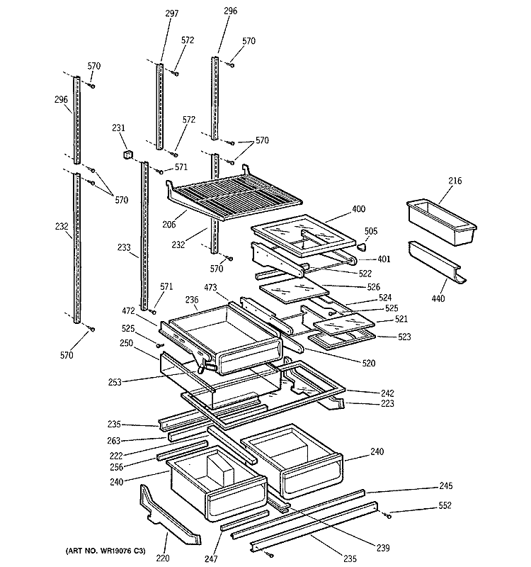 SHELVES Diagram and Parts List for PTC22MFMALCC  General Electric Refrigerator