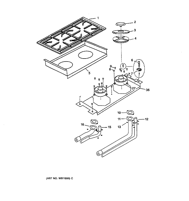 BURNER ASSEMBLY Diagram and Parts List for ZDP48N4GD2SS  General Electric Range