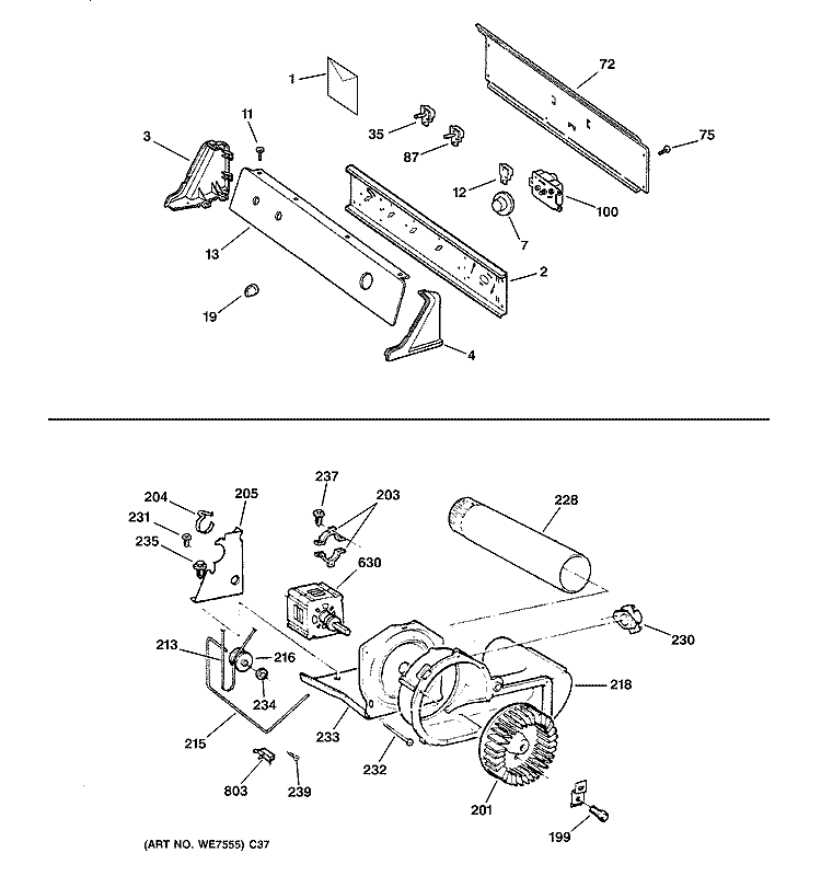 BACKSPLASH, BLOWER & MOTOR ASSEMBLY Diagram and Parts List for DX2300GB0WW  General Electric Dryer