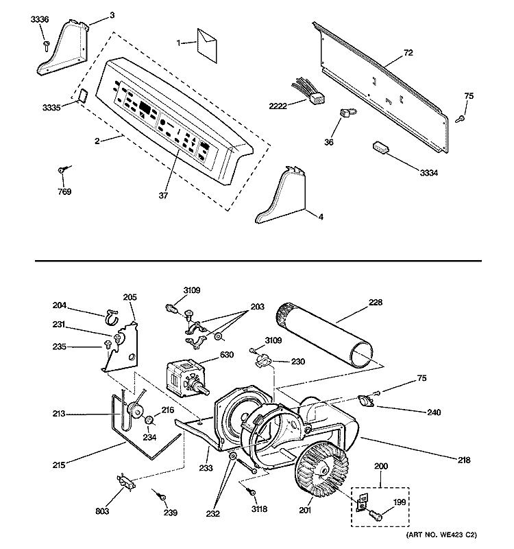BACKSPLASH, BLOWER & MOTOR Diagram and Parts List for DPSB620EC1CC  General Electric Dryer