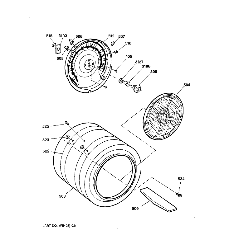 DRUM Diagram and Parts List for DPSB620EC1CC  General Electric Dryer