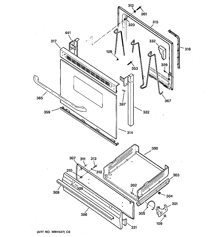 DOOR & DRAWER PARTS Diagram and Parts List for JGBS04BEH1CT  General Electric Range