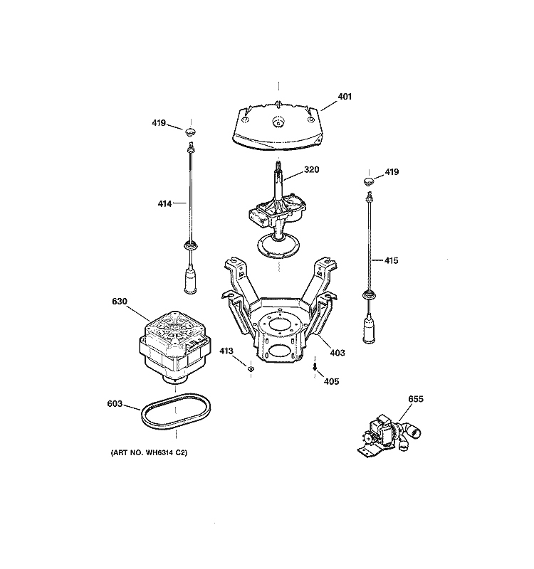 SUSPENSION, PUMP & DRIVE COMPONENTS Diagram and Parts List for WBXR2090B4WW  General Electric Washer