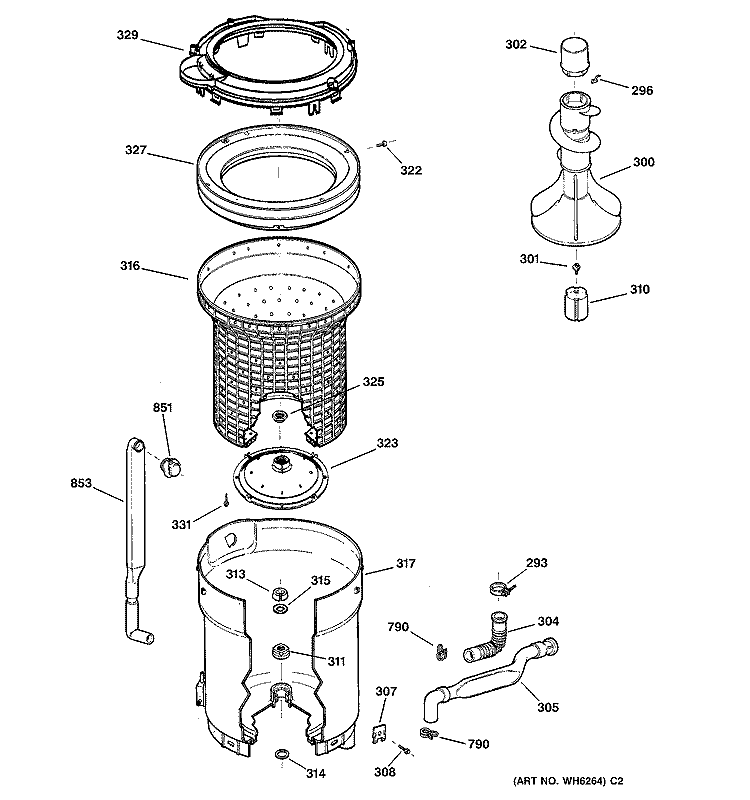 TUB, BASKET & AGITATOR Diagram and Parts List for WCCB1030B2KC  General Electric Washer