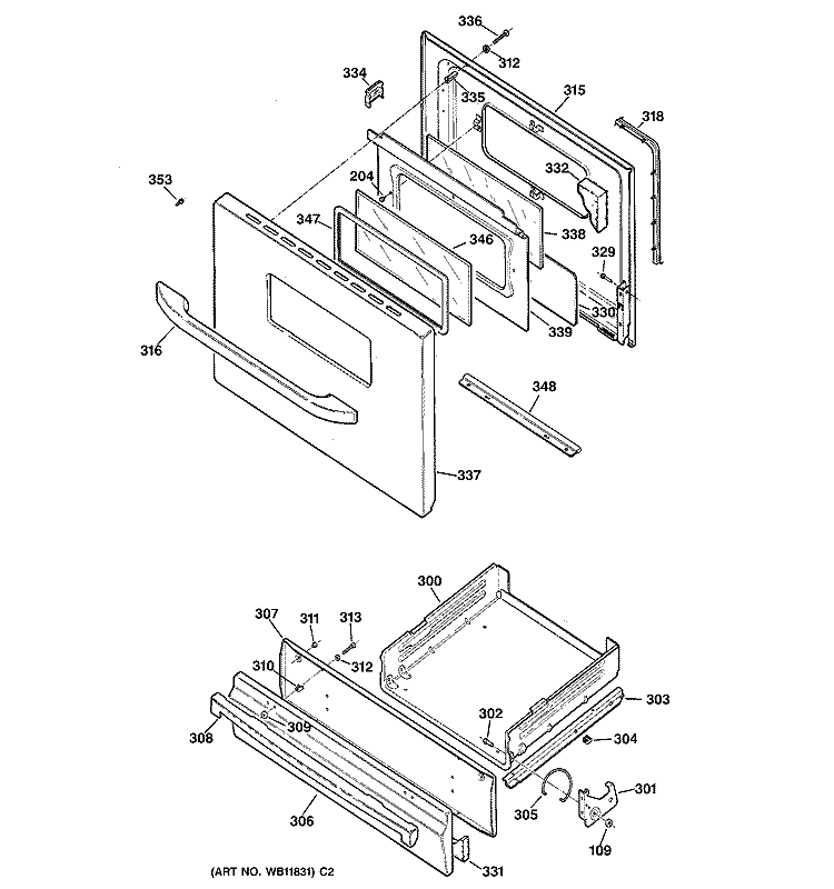 DOOR & DRAWER PARTS Diagram and Parts List for JGBS17PEH1CT  General Electric Range