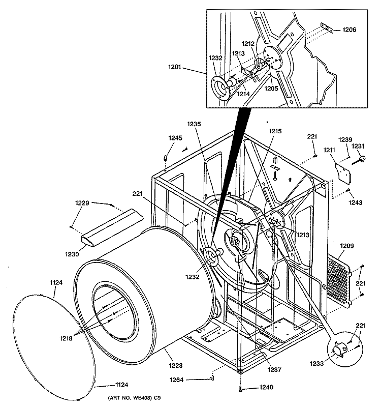 CABINET & DRUM Diagram and Parts List for DBL333GB5CC  General Electric Dryer
