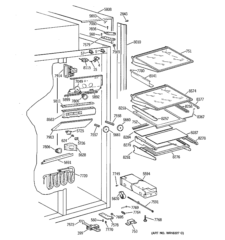 FRESH FOOD SECTION Diagram and Parts List for ZISB42DXA  General Electric Refrigerator