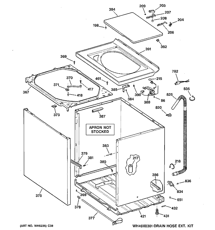 CABINET, COVER & FRONT PANEL Diagram and Parts List for VLXR1020D0WO  Hotpoint Washer