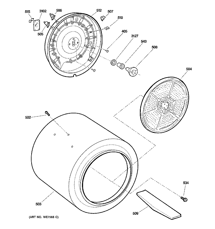 DRUM Diagram and Parts List for DCCB330ED0KC  General Electric Dryer