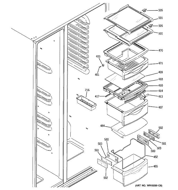 FRESH FOOD SHELVES Diagram and Parts List for GCG21IEMHFBB  General Electric Refrigerator