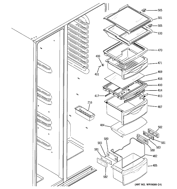 FRESH FOOD SHELVES Diagram and Parts List for GCK23LCNCFCC  General Electric Refrigerator