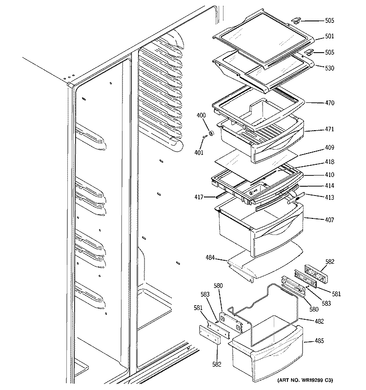 FRESH FOOD SHELVES Diagram and Parts List for GSC23LGPACC  General Electric Refrigerator