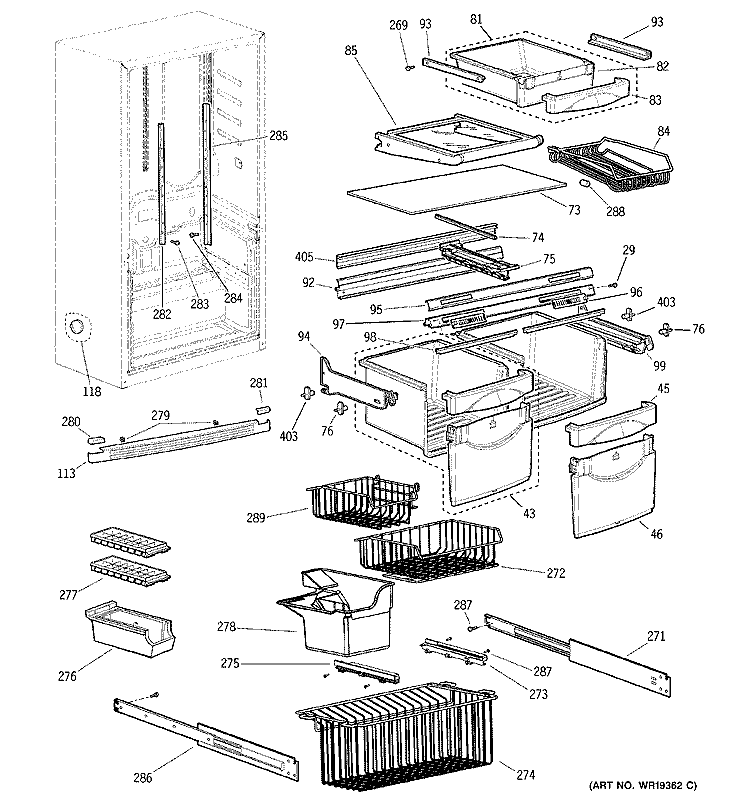 SHELVES Diagram and Parts List for GDS18SBPBLSS  General Electric Refrigerator
