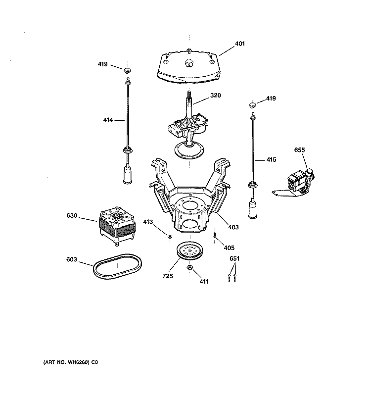 SUSPENSION, PUMP & DRIVE COMPONENTS Diagram and Parts List for WARE5260D0WW  General Electric Washer