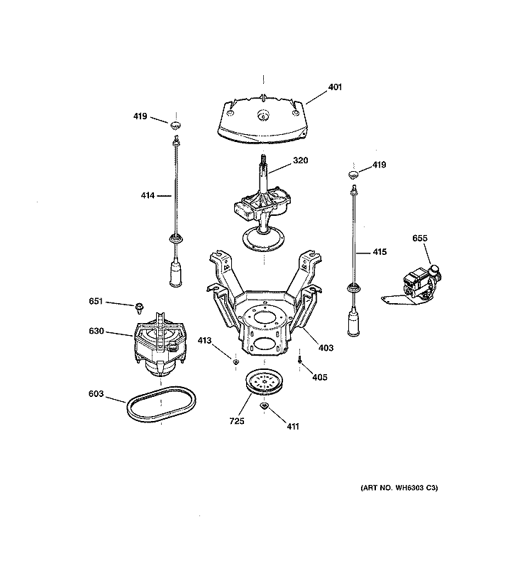 SUSPENSION, PUMP & DRIVE COMPONENTS Diagram and Parts List for WBSR3140D0WW  General Electric Washer