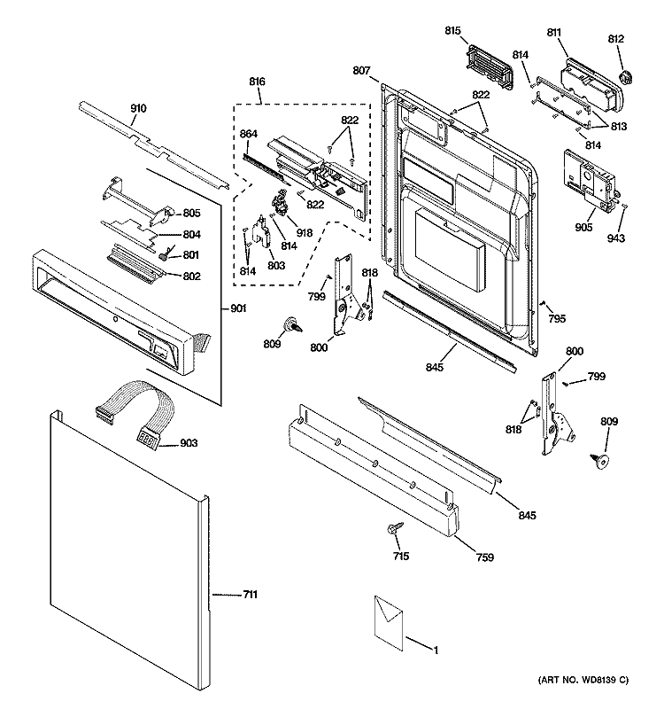 ESCUTCHEON & DOOR ASSEMBLY Diagram and Parts List for PDW8700J00CC  General Electric Dishwasher