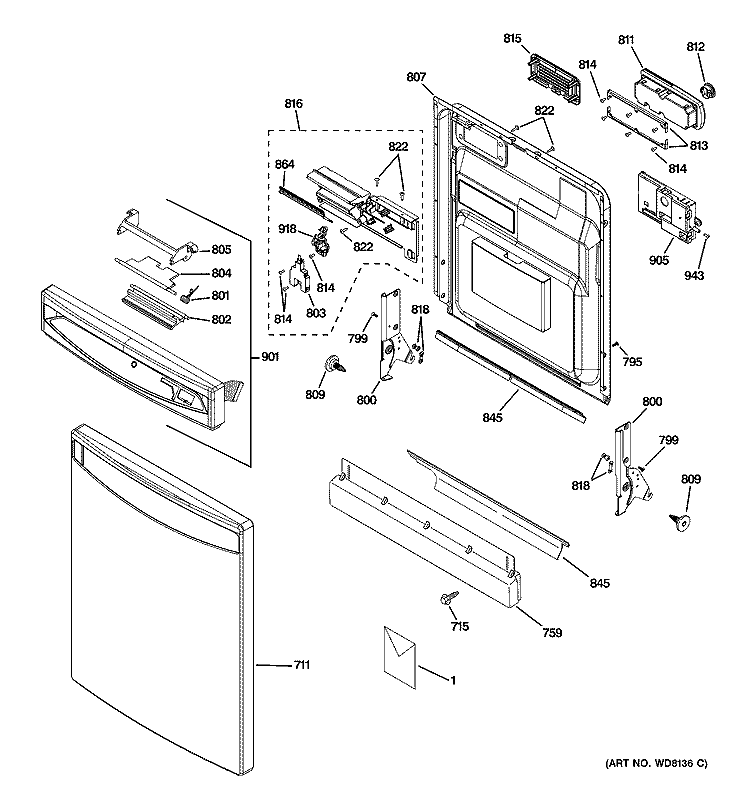ESCUTCHEON & DOOR ASSEMBLY Diagram and Parts List for PDW8880J00SS  General Electric Dishwasher