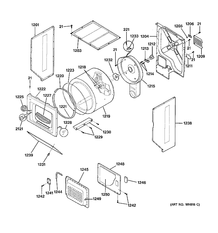 DRYER UPPER CABINET, DRUM & HEATER Diagram and Parts List for WSM2780WEWWW  General Electric Washer Dryer Combo
