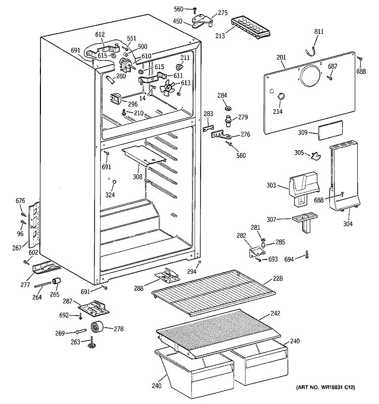 CABINET Diagram and Parts List for GTS18ABMELWW  General Electric Refrigerator