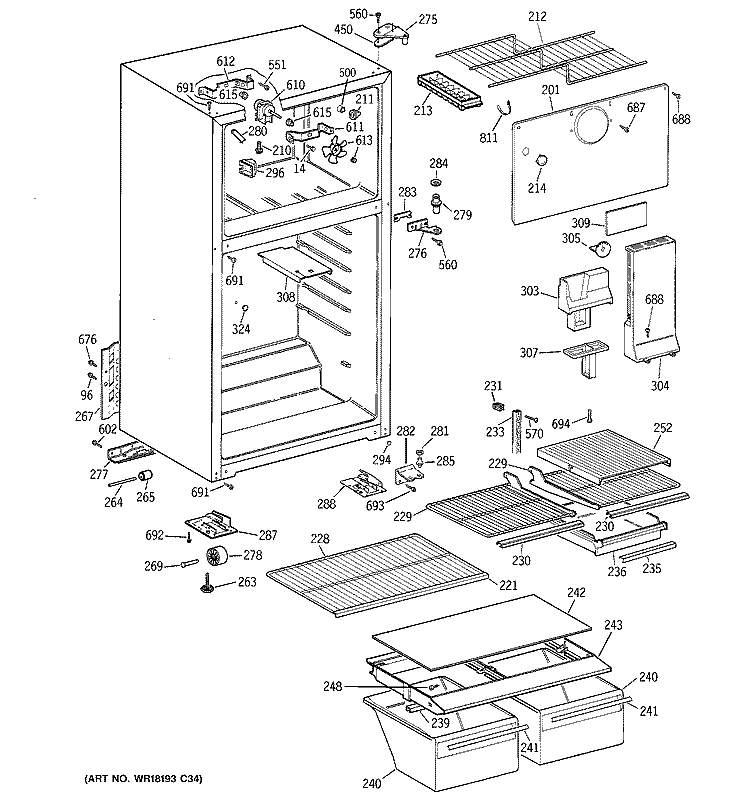 CABINET Diagram and Parts List for GTT18FBMERCC  General Electric Refrigerator