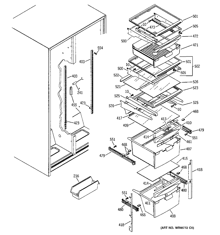 FRESH FOOD SHELVES Diagram and Parts List for GSZ25SGMABS  General Electric Refrigerator