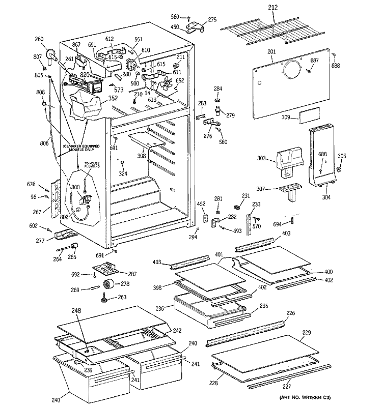 CABINET Diagram and Parts List for GTS18HCMFRWW  General Electric Refrigerator
